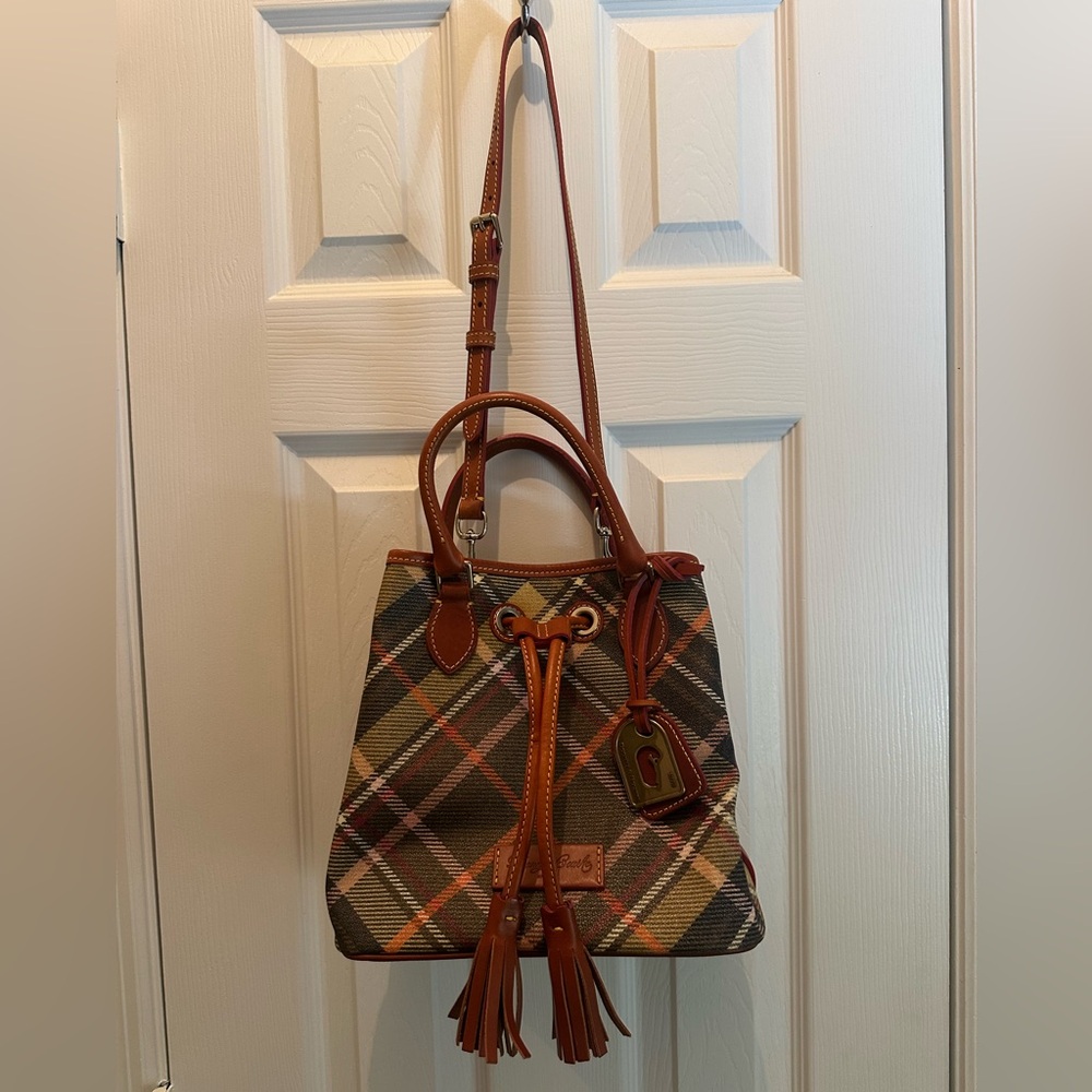 Dooney & Bourke Plaid Drawstring Shoulder Bag with Tassels - New